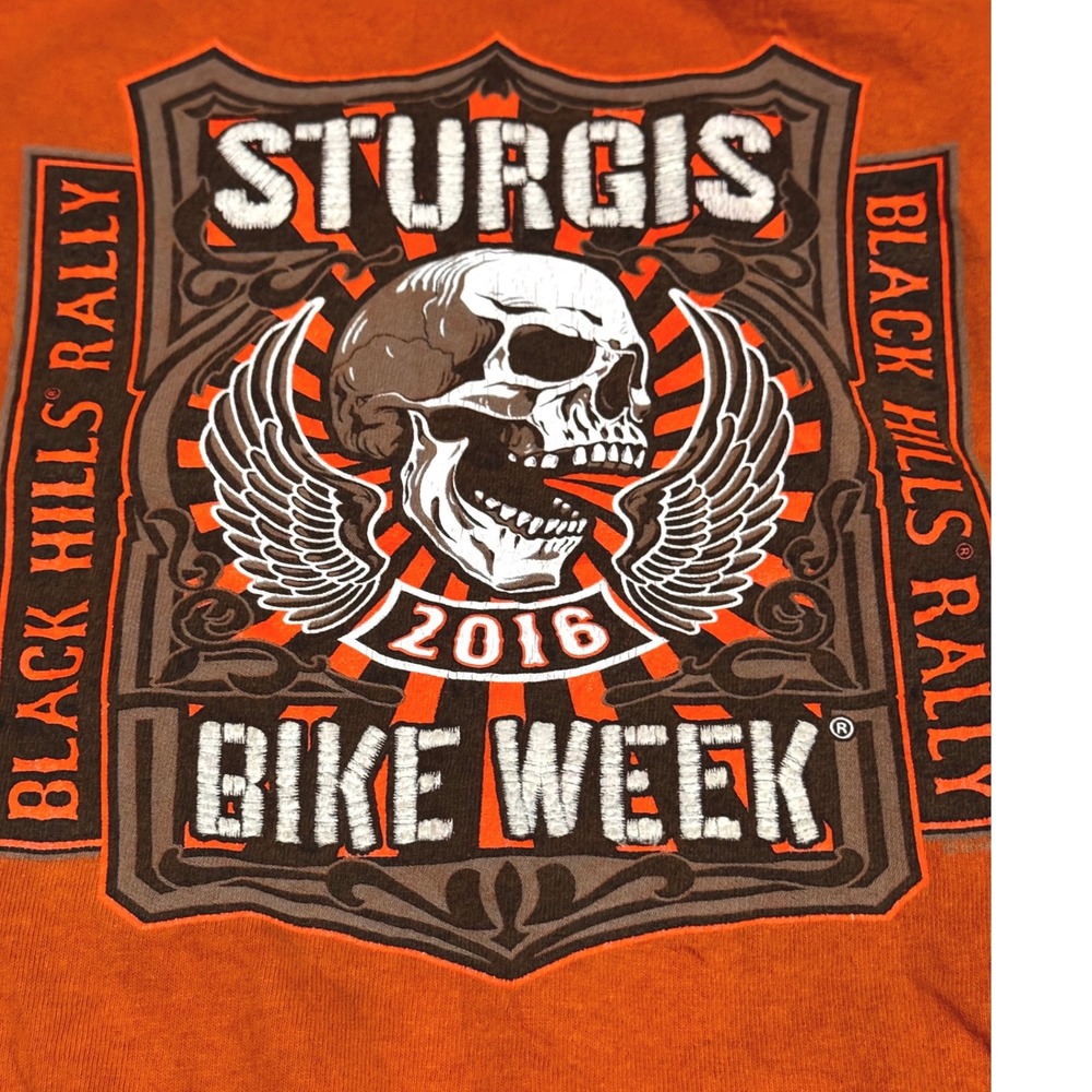 Sturgis 2016 Bike Week T-Shirt Mens Large Orange Black Hills Rally Skull Winged